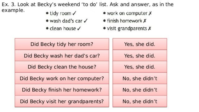 Ex. 3. Look at Becky’s weekend ‘to do’ list. Ask and answer, as in the example. Did Becky tidy her room? Yes, she did. Did Becky wash her dad’s car? Yes, she did. Did Becky clean the house? Yes, she did. Did Becky work on her computer? No, she didn’t Did Becky finish her homework? No, she didn’t Did Becky visit her grandparents? No, she didn’t 