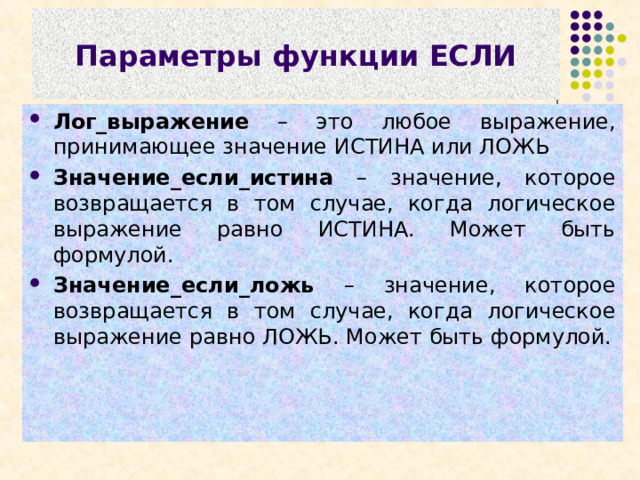 Параметры функции ЕСЛИ Лог_выражение – это любое выражение, принимающее значение ИСТИНА или ЛОЖЬ Значение_если_истина – значение, которое возвращается в том случае, когда логическое выражение равно ИСТИНА. Может быть формулой. Значение_если_ложь – значение, которое возвращается в том случае, когда логическое выражение равно ЛОЖЬ. Может быть формулой. 