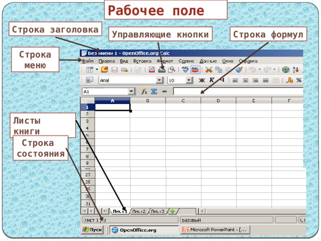 Рабочее поле Строка заголовка Управляющие кнопки Строка формул Строка меню Листы книги Строка состояния 