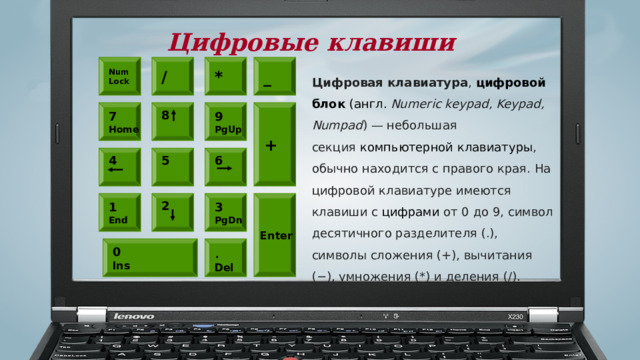 Цифровые клавиши Num / * _ Lock Цифровая клавиатура ,  цифровой блок  (англ.   Numeric keypad, Keypad, Numpad ) — небольшая секция  компьютерной   клавиатуры , обычно находится с правого края. На цифровой клавиатуре имеются клавиши с  цифрами  от 0 до 9, символ десятичного разделителя (.), символы сложения (+), вычитания (−), умножения (*) и деления (/). + 9 7 8 PgUp Home 4 6 5    2 1 Enter 3  PgDn End . 0 Del Ins 