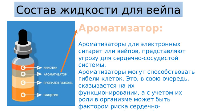 Состав жидкости для вейпа Ароматизатор: Ароматизаторы для электронных сигарет или вейпов, представляют угрозу для сердечно-сосудистой системы. Ароматизаторы могут способствовать гибели клеток. Это, в свою очередь, сказывается на их функционировании, а с учетом их роли в организме может быть фактором риска сердечно-сосудистых заболеваний. 