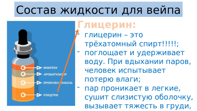 Состав жидкости для вейпа Глицерин: глицерин – это трёхатомный спирт!!!!!; поглощает и удерживает воду. При вдыхании паров, человек испытывает потерю влаги; пар проникает в легкие, сушит слизистую оболочку, вызывает тяжесть в груди, сухость и неприятное покалывание. 