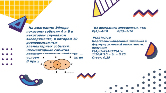  На диаграмме Эйлера показаны события A и B в некотором случайном эксперименте, в котором 10 равновозможных элементарных событий. Элементарные события показаны точками. Найдите — условную вероятность события B при условии A.  Из диаграммы определяем, что: P(A)=4/10 P(B)=2/10  P(AB)=1/10 Подставим найденные значения в формулу условной вероятности, получим: P(A|B)=P(AB)/P(A)= 1*10/4*10 = ¼ = 0,25 Ответ: 0,25 