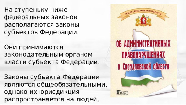 На ступеньку ниже федеральных законов располагаются законы субъектов Федерации. Они принимаются законодательным органом власти субъекта Федерации. Законы субъекта Федерации являются общеобязательными, однако их юрисдикция распространяется на людей, находящихся на территории субъекта. 