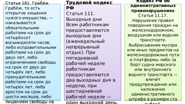 Уголовный кодекс РФ  Статья 161. Грабёж Трудовой кодекс РФ  Статья 111. Выходные дни Кодекс РФ об административных правонарушениях  Статья 11.17. Нарушение правил поведения граждан на железнодорожном, воздушном или водном транспорте. Грабёж, то есть открытое хищение чужого имущества, — наказывается обязательными работами на срок до четырёхсот восьмидесяти часов, либо исправительными работами на срок до двух лет, либо ограничением свободы на срок от двух до четырёх лет, либо принудительными работами на срок до четырёх лет, либо арестом на срок до шести месяцев, либо лишением свободы на срок до четырёх лет. Всем работникам предоставляются выходные дни (еженедельный непрерывный отдых). При пятидневной рабочей неделе работникам предоставляются два выходных дня в неделю, при шестидневной рабочей неделе — один выходной день. Выбрасывание мусора или иных предметов на железнодорожные пути и платформы либо за борт судна морского или внутреннего водного транспорта — влечёт предупреждение или наложение административного штрафа в размере ста рублей. 