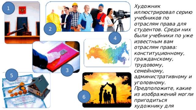 Художник иллюстрировал серию учебников по отраслям права для студентов. Среди них были учебники по уже известным вам отраслям права: конституционному, гражданскому, трудовому, семейному, административному и уголовному. Предположите, какие из изображений могли пригодиться художнику для оформления данных книг. Свой ответ поясните. 1 2 4 3 5 6 