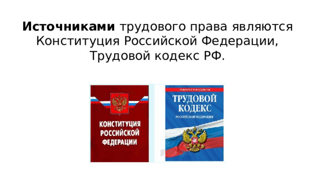 Источниками трудового права являются Конституция Российской Федерации, Трудовой кодекс РФ. 