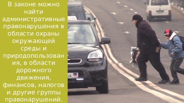 В законе можно найти административные правонарушения в области охраны окружающей среды и природопользования, в области дорожного движения, финансов, налогов и другие группы правонарушений. 