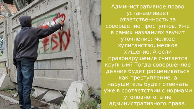 Административное право устанавливает ответственность за совершение проступков. Уже в самих названиях звучит уточнение: мелкое хулиганство, мелкое хищение. А если правонарушение считается крупным? Тогда совершённое деяние будет расцениваться как преступление, а нарушитель будет отвечать уже в соответствии с нормами уголовного, а не административного права. 