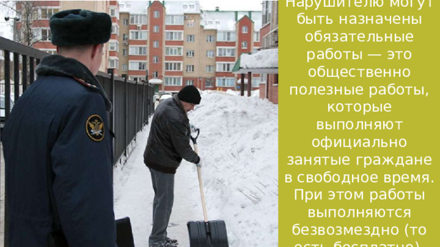 Нарушителю могут быть назначены обязательные работы — это общественно полезные работы, которые выполняют официально занятые граждане в свободное время. При этом работы выполняются безвозмездно (то есть бесплатно). 