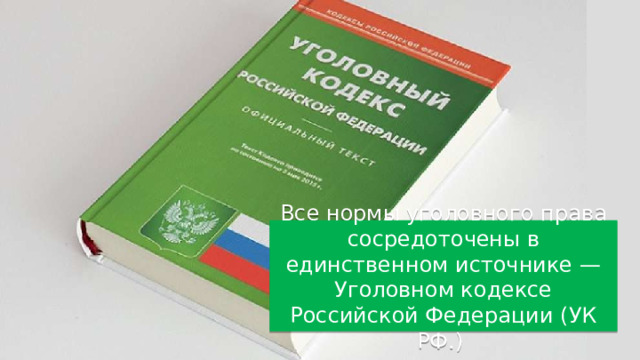 Все нормы уголовного права сосредоточены в единственном источнике — Уголовном кодексе Российской Федерации (УК РФ.) 