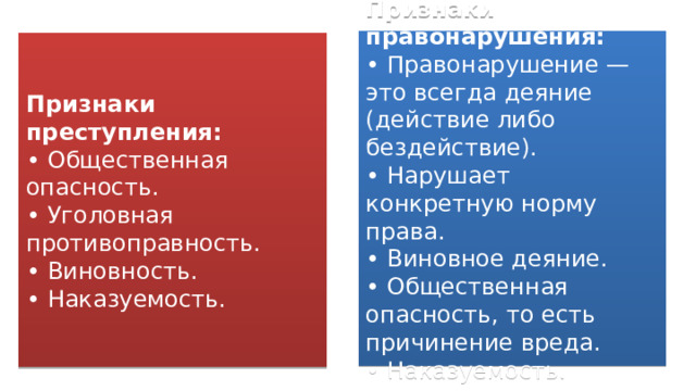 Признаки правонарушения:  • Правонарушение — это всегда деяние (действие либо бездействие).  • Нарушает конкретную норму права.  • Виновное деяние.  • Общественная опасность, то есть причинение вреда.  • Наказуемость. Признаки преступления:  • Общественная опасность.  • Уголовная противоправность.  • Виновность.  • Наказуемость. 