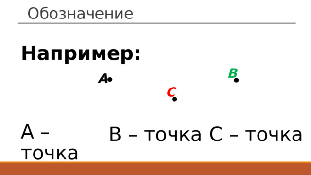 Обозначение Например: B А C A – точка С – точка B – точка 