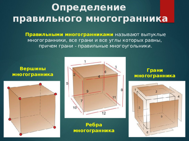 Определение  правильного многогранника Правильными многогранниками называют выпуклые многогранники, все грани и все углы которых равны, причем грани - правильные многоугольники. Вершины многогранника Грани многогранника Ребра многогранника 