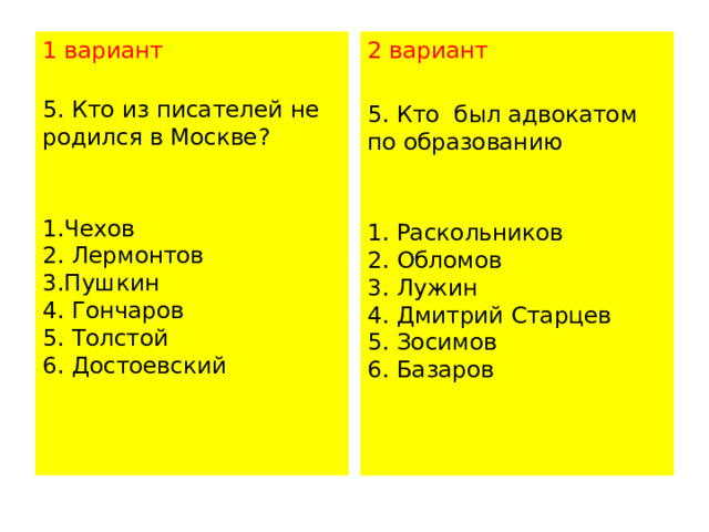 2 вариант 1 вариант  5. Кто из писателей не родился в Москве?   5. Кто  был адвокатом по образованию   1.Чехов  2. Лермонтов  3.Пушкин  4. Гончаров  5. Толстой  6. Достоевский 1. Раскольников  2. Обломов  3. Лужин  4. Дмитрий Старцев  5. Зосимов  6. Базаров 