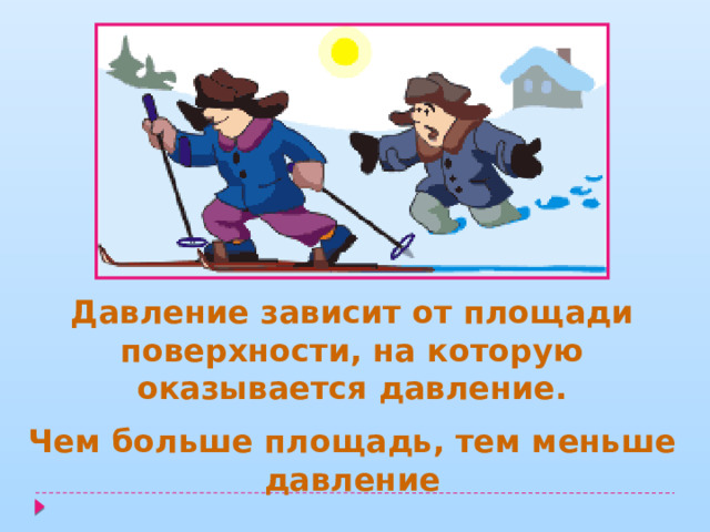Давление зависит от площади поверхности, на которую оказывается давление. Чем больше площадь, тем меньше давление 
