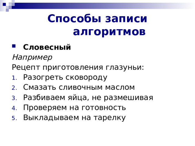 Способы записи алгоритмов Словесный Например  Рецепт приготовления глазуньи: Разогреть сковороду Смазать сливочным маслом Разбиваем яйца, не размешивая Проверяем на готовность Выкладываем на тарелку 