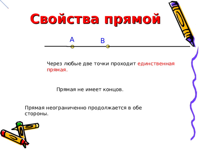 Свойства прямой А В Через любые две точки проходит единственная прямая. Прямая не имеет концов. Прямая неограниченно продолжается в обе стороны.