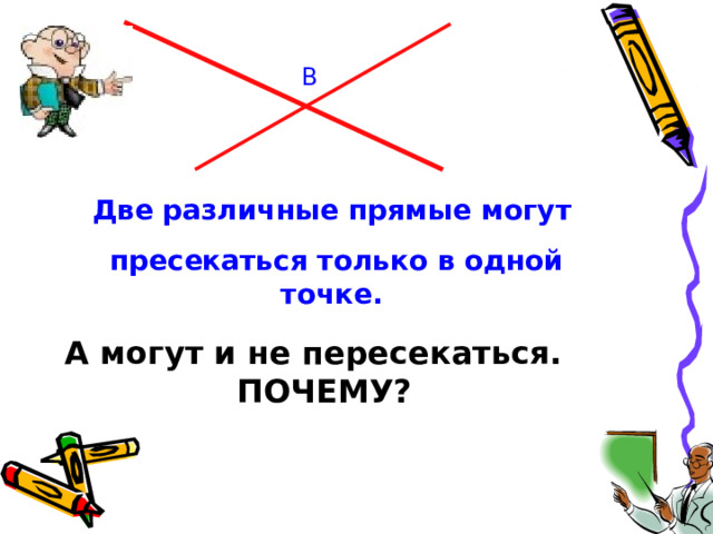 В Две различные прямые могут  пресекаться только в одной точке. А могут и не пересекаться. ПОЧЕМУ?