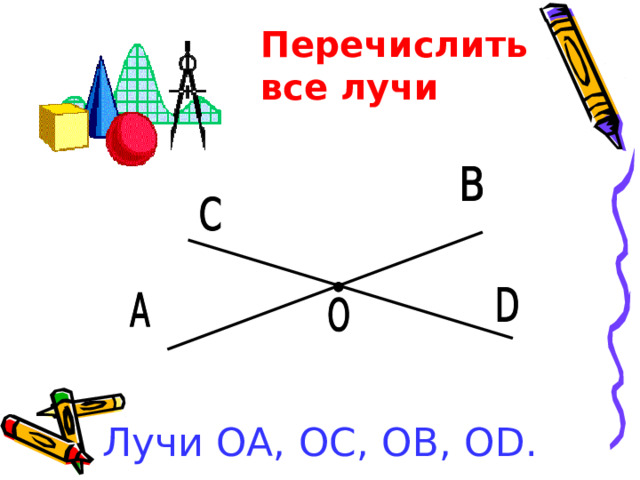 Перечислить все лучи Лучи ОА, OC, OB , OD .