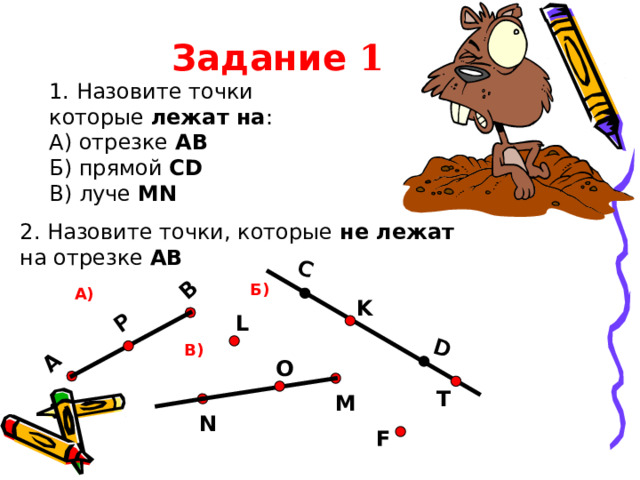 Задание  1  C D А В P 1. Назовите точки которые лежат на : А) отрезке АВ Б) прямой С D В) луче MN  2. Назовите точки, которые не лежат  на отрезке АВ Б ) A) K L В) O T M N F