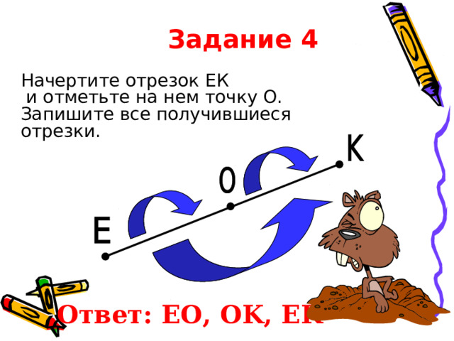 Задание 4 Начертите отрезок ЕК  и отметьте на нем точку O . Запишите все получившиеся отрезки. Ответ: EO, OK, EK