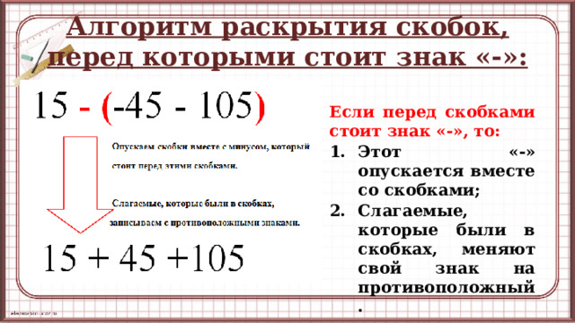 Алгоритм раскрытия скобок, перед которыми стоит знак «-»: Если перед скобками стоит знак «-», то: