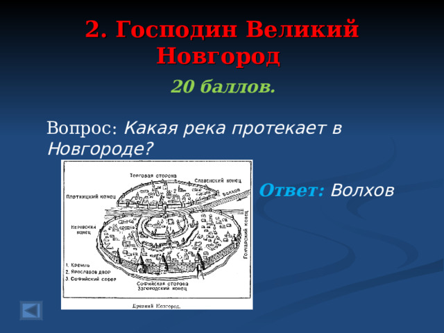 2. Господин Великий Новгород 20 баллов.  Вопрос: Какая река протекает в Новгороде? Ответ: Волхов   