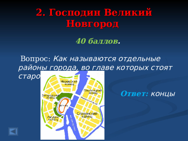 2. Господин Великий Новгород 40 баллов .   Вопрос: Как называются отдельные районы города, во главе которых стоят старосты?   Ответ: концы   