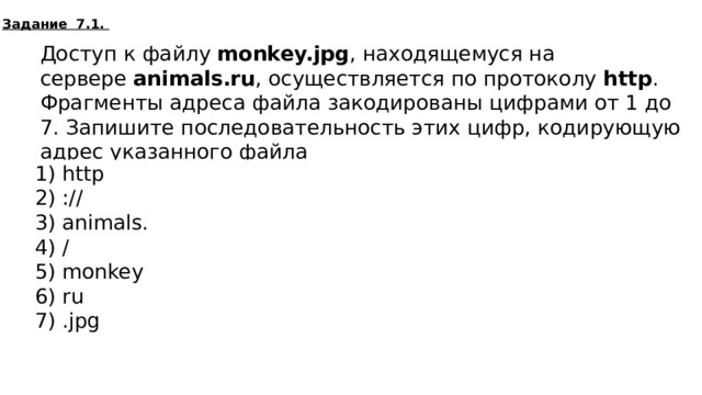 Задание 7.1. Доступ к файлу  monkey.jpg , находящемуся на сервере  animals.ru , осуществляется по протоколу  http . Фрагменты адреса файла закодированы цифрами от 1 до 7. Запишите последовательность этих цифр, кодирующую адрес указанного файла в сети Интернет. 1) http 2) ://  3) animals. 4) /  5) monkey 6) ru  7) .jpg 1236457  