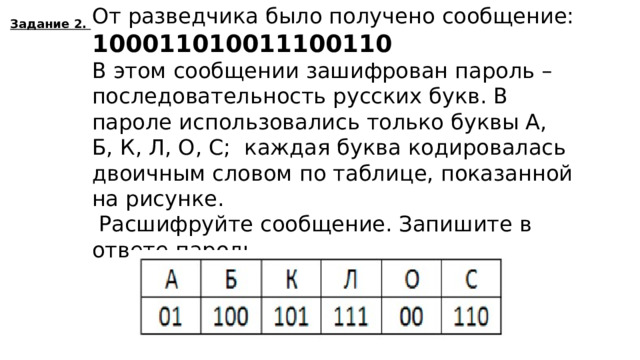 От разведчика было получено сообщение:  100011010011100110 В этом сообщении зашифрован пароль – последовательность русских букв. В пароле использовались только буквы А, Б, К, Л, О, С; каждая буква кодировалась двоичным словом по таблице, показанной на рисунке.  Расшифруйте сообщение. Запишите в ответе пароль .  Задание 2. бакалос  