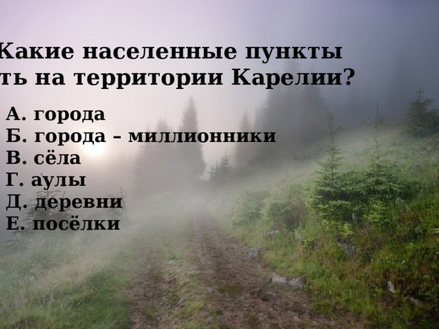 Какие населенные пункты есть на территории Карелии?  А. города Б. города – миллионники В. сёла Г. аулы Д. деревни Е. посёлки 