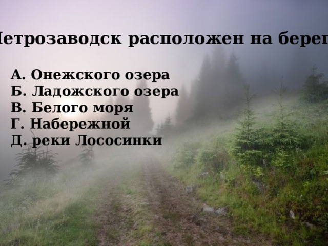 4. Петрозаводск расположен на берегу  А. Онежского озера Б. Ладожского озера В. Белого моря Г. Набережной Д. реки Лососинки 