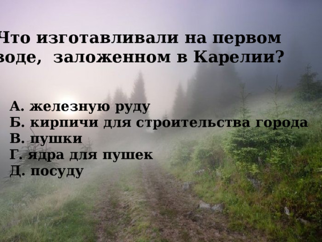 7. Что изготавливали на первом заводе, заложенном в Карелии?  А. железную руду Б. кирпичи для строительства города В. пушки Г. ядра для пушек Д. посуду 