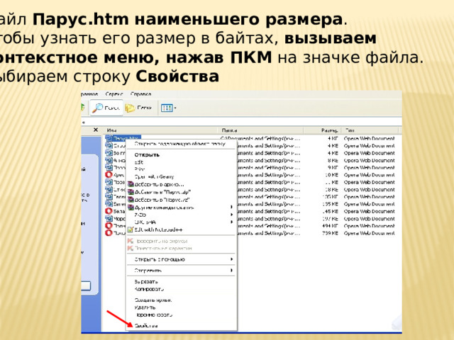 Файл Парус.htm наименьшего размера . Чтобы узнать его размер в байтах, вызываем  контекстное меню, нажав ПКМ на значке файла. Выбираем строку Свойства 