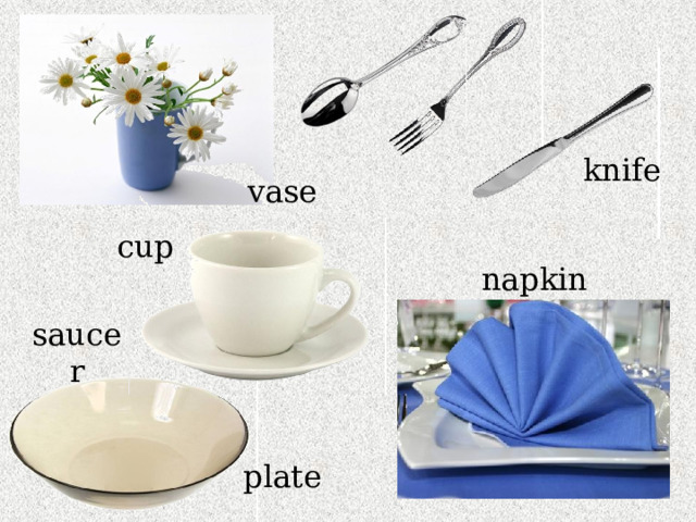 knife vase cup napkin saucer plate 