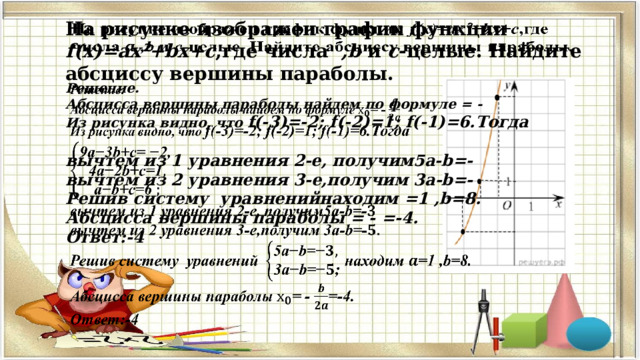 На рисунке изображен график функции f(x)=ах ² +bx+c ,где числа  ,b и c -целые. Найдите абсциссу вершины параболы.   Решение.   Абсцисса вершины параболы найдем по формуле = - Из рисунка видно, что f(-3)=-2; f(-2)=1; f(-1)=6.Тогда  вычтем из 1 уравнения 2-е, получим5a-b=- вычтем из 2 уравнения 3-е,получим 3a-b=- Решив систему уравненийнаходим =1 ,b=8. Абсцисса вершины параболы = - =-4. Ответ:-4     