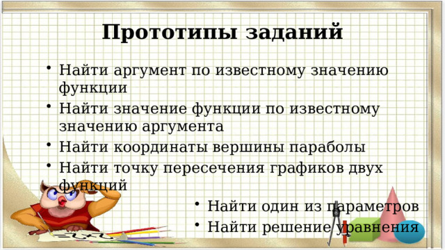 Прототипы заданий Найти аргумент по известному значению функции Найти значение функции по известному значению аргумента Найти координаты вершины параболы Найти точку пересечения графиков двух функций Найти один из параметров Найти решение уравнения  