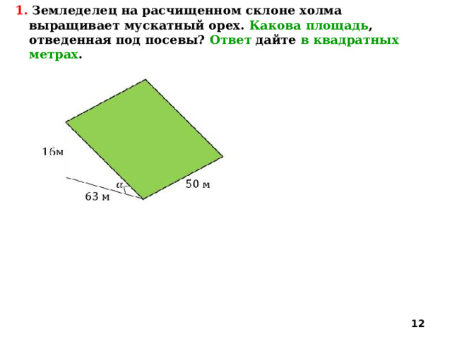 1. Земледелец на расчищенном склоне холма выращивает мускатный орех. Какова площадь , отведенная под посевы? Ответ дайте в квадратных метрах .  