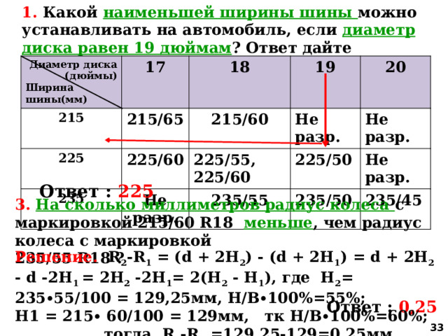 1. Какой наименьшей ширины шины можно устанавливать на автомобиль, если диаметр диска равен 19 дюймам ? Ответ дайте в миллиметрах. Диаметр диска 17 215 (дюймы) Ширина 18 215/65 225 19 215/60 шины(мм) 225/60 235 Не разр. Не разр. 225/55, 225/60 20 225/50 235/55 Не разр. Не разр. 235/50 235/45 Ответ : 225 3.  На сколько миллиметров радиус колеса с маркировкой 215/60 R18 меньше , чем радиус колеса с маркировкой 235/55 R18 ? Решение. R 2 -R 1 = (d + 2H 2 ) - (d + 2H 1 ) = d + 2H 2 - d -2H 1 = 2H 2 -2H 1 = 2(H 2 - H 1 ), где H 2 = 235∙55/100 = 129,25мм, Н/В∙100%=55%; Н1 = 215∙ 60/100 = 129мм, тк Н/В∙100%=60%;  тогда R 2 -R 1 =129,25-129=0,25мм Ответ : 0,25  