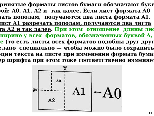 Общепринятые форматы листов бумаги обозначают буквой A и цифрой: A0, A1, A2 и так далее. Если лист формата A0  разрезать пополам, получаются два листа формата A1.  Если лист A1 разрезать пополам, получаются два листа формата A2 и так далее . При этом отношение длины листа  к его ширине у всех форматов, обозначенных буквой A, одно  и то же (то есть листы всех форматов подобны друг другу). Это сделано специально — чтобы можно было сохранить пропорции текста на листе при изменении формата бумаги  (размер шрифта при этом тоже соответственно изменяется).  