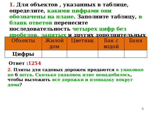 1. Для объектов , указанных в таблице, определите, какими цифрами они обозначены на плане . Заполните таблицу, в бланк ответов перенесите последовательность четырех цифр без пробелов, запятых и других дополнительных символов . Объекты Жилой дом Цифры Цветник Бак с водой Баня Ответ : 1254 2. Плиты для садовых дорожек продаются в упаковке по 6 штук . Сколько упаковок плит понадобилось , чтобы выложить все дорожки и площадку вокруг дома ? 1 - жилой дом; 2 -цветник; 3 –теплица;4 – баня; 5 - бак с водой; 6 - огород для овощей;7 - плодово-ягодные кустарники;.     