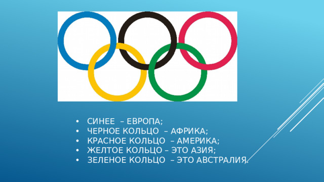 •  синее – Европа;  •  черное кольцо – Африка;  •  красное кольцо – Америка;  •  желтое кольцо – это Азия;  • зеленое кольцо – это Австралия.   