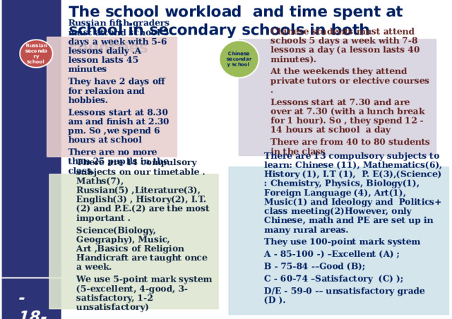 The school workload and time spent at school in secondary schools in both countries  Russian fifth-graders must attend school 5 days a week with 5-6 lessons daily .A lesson lasts 45 minutes They have 2 days off for relaxion and hobbies. Lessons start at 8.30 am and finish at 2.30 pm. So ,we spend 6 hours at school There are no more than 25 pupils in the class. Chinese students must attend schools 5 days a week with 7-8 lessons a day (a lesson lasts 40 minutes). At the weekends they attend private tutors or elective courses . Lessons start at 7.30 and are over at 7.30 (with a lunch break for 1 hour). So , they spend 12 -14 hours at school a day There are from 40 to 80 students in the class Russian secondary school Chinese secondary school There are 13 compulsory subjects to learn: Chinese (11), Mathematics(6), History (1), I.T (1), P. E(3),(Science) : Chemistry, Physics, Biology(1), Foreign Language (4), Art(1), Music(1) and Ideology and Politics+ class meeting(2)However, only Chinese, math and PE are set up in many rural areas. They use 100-point mark system A - 85-100 -) –Excellent (A) ; B - 75-84 -–Good (B); C - 60-74 –Satisfactory (C) ); D/E - 59-0 -– unsatisfactory grade (D ). There are 14 compulsory subjects on our timetable . Maths(7), Russian(5) ,Literature(3), English(3) , History(2), I.T. (2) and P.E.(2) are the most important . Science(Biology, Geography), Music, Art ,Basics of Religion Handicraft are taught once a week. We use 5-point mark system (5-excellent, 4-good, 3-satisfactory, 1-2 unsatisfactory) - 18 - 16 