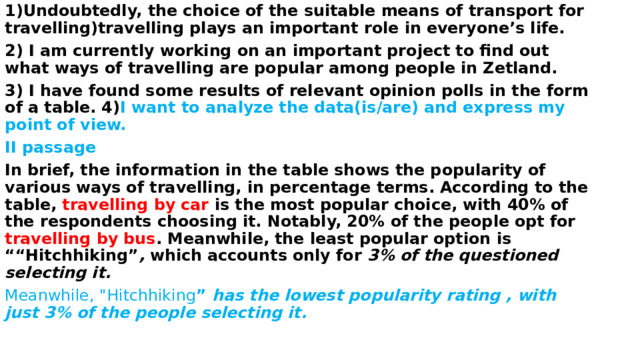 1)Undoubtedly, the choice of the suitable means of transport for travelling)travelling plays an important role in everyone’s life. 2) I am currently working on an important project to find out what ways of travelling are popular among people in Zetland. 3) I have found some results of relevant opinion polls in the form of a table. 4) I want to analyze the data(is/are) and express my point of view. II passage In brief, the information in the table shows the popularity of various ways of travelling, in percentage terms. According to the table, travelling by car is the most popular choice, with 40% of the respondents choosing it. Notably, 20% of the people opt for travelling by bus . Meanwhile, the least popular option is ““Hitchhiking” , which accounts only for 3% of the questioned selecting it. Meanwhile, 