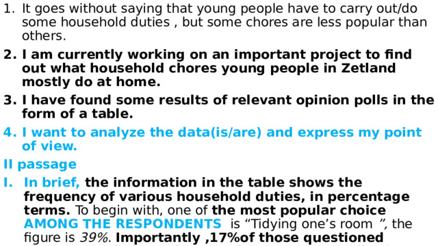 It goes without saying that young people have to carry out/do some household duties , but some chores are less popular than others. I am currently working on an important project to find out what household chores young people in Zetland mostly do at home. I have found some results of relevant opinion polls in the form of a table. I want to analyze the data(is/are) and express my point of view. II passage In brief, the information in the table shows the frequency of various household duties, in percentage terms. To begin with, one of the most popular choice AMONG THE RESPONDENTS is “Tidying one’s room ”, the figure is 39% . Importantly ,17%of those questioned choose /opt for/vote for)“Washing up” Meanwhile, the least preferable option is “Taking out rubbish ”, which accounts for 2% of the respondents .     