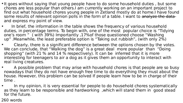 It goes without saying that young people have to do some household duties , but some chores are less popular than others.I am currently working on an important project to find out what household chores young people in Zetland mostly do at home.I have found some results of relevant opinion polls in the form of a table. I want to analyze the data and express my point of view.  In brief, the information in the table shows the frequency of various household duties, in percentage terms. To begin with, one of the most popular choice is “Tidying one’s room ” ( with 39%) Importantly ,17%of those questioned choose “Washing up” .Meanwhile, the least preferable option is “Taking out rubbish”, (with only 2%)  Clearly, there is a significant difference between the options chosen by the votes. We can conclude, that “Walking the dog” is a great deal more popular than “Doing shopping” (with 21 % and 14 % respectively). It can be inferred that it is more interesting for teenagers to air a dog as it gives them an opportunity to interact with real living creatures.  A possible problem that may arise with household chores is that people are so busy nowadays that they do not have enough free time to do everything they must about the house. However, this problem can be solved If people learn how to be in charge of their time .  In my opinion, it is very essential for people to do household chores systematically as they learn to be responsible and hardworking ,which will stand them in good stead for the future. 260 words 