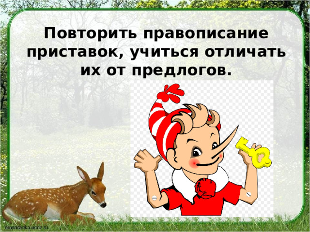 Повторить правописание приставок, учиться отличать их от предлогов. 
