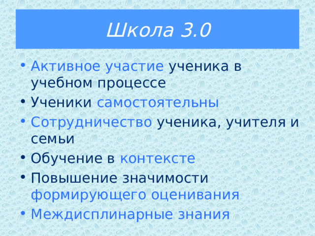 Школа 3.0 Активное участие ученика в учебном процессе Ученики самостоятельны Сотрудничество ученика, учителя и семьи Обучение в контексте Повышение значимости формирующего оценивания Междисплинарные знания 