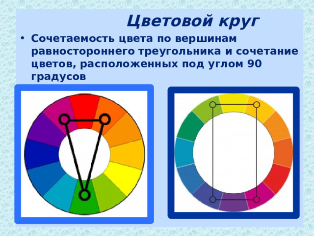  Цветовой круг Сочетаемость цвета по вершинам равностороннего треугольника и сочетание цветов, расположенных под углом 90 градусов 